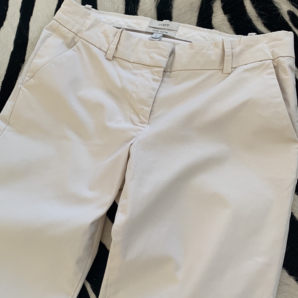 J. Crew beige cotton poplin stretch Cafe Capri chinos.